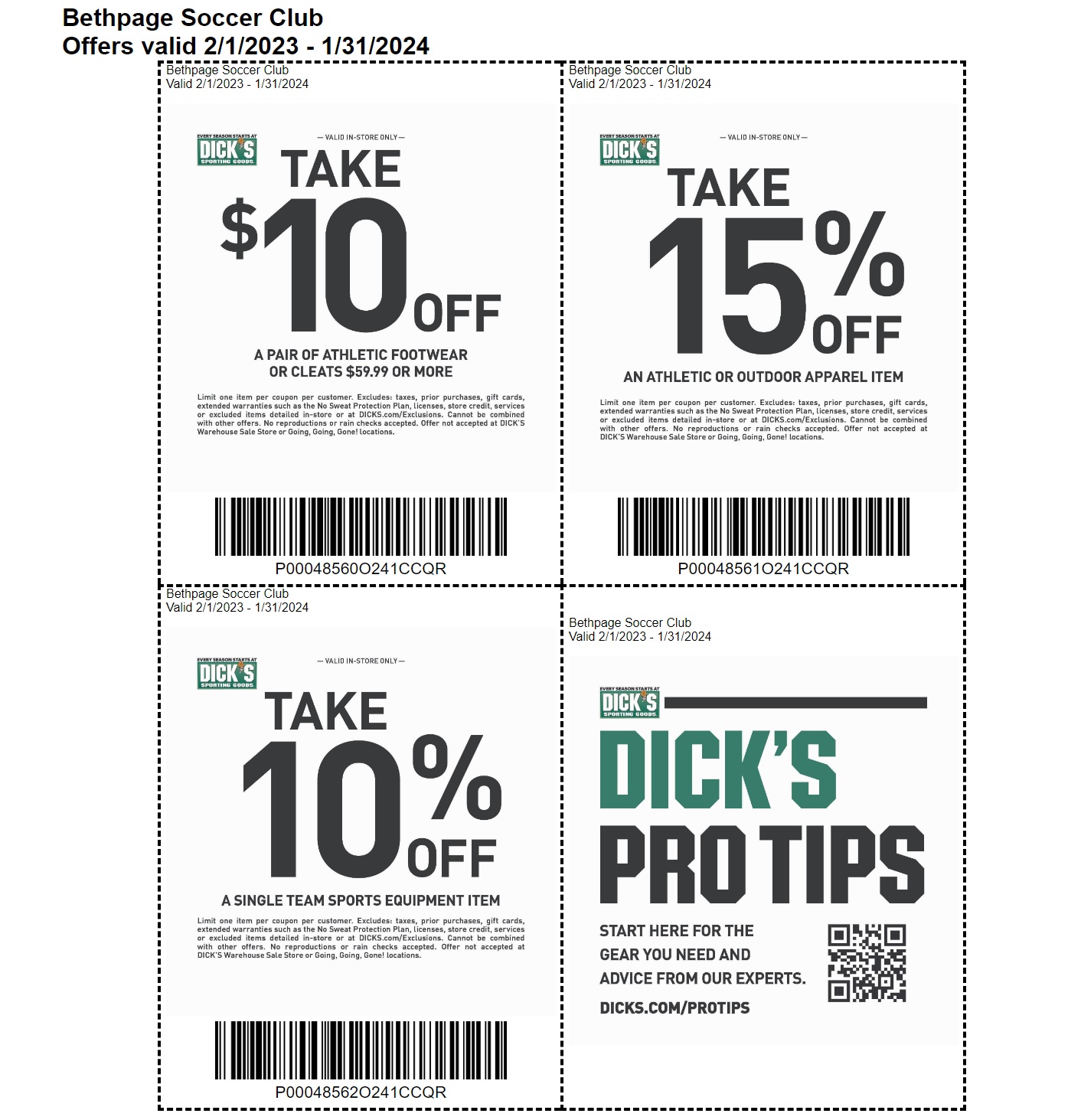 Dicks Coupon Feb 2023 to Jan 2024 Bethpage Soccer